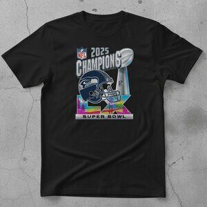 Seattle Seahawks 2025 NFL Super Bowl LX Champions Helmet Black Tee